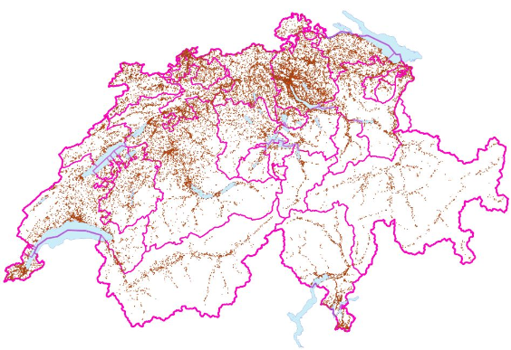 Geografische Verteilung der belasteten Standorte in der Schweiz: jeder Punkt entspricht einem belasteten Standort