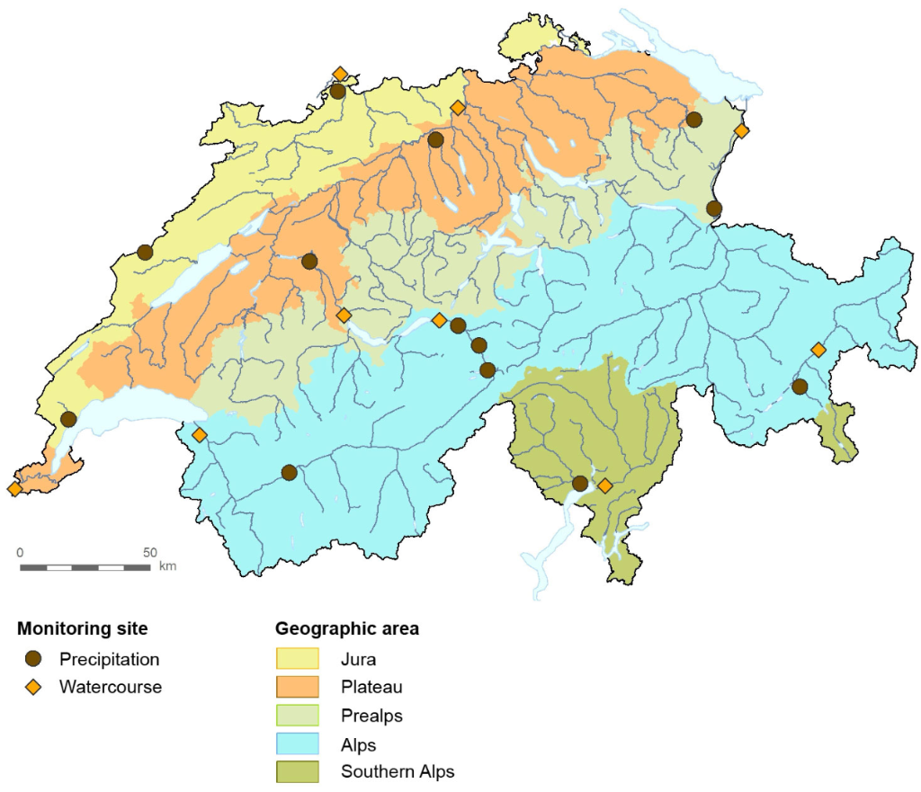 ISOT module sites for monitoring isotopes in precipitation and watercourses, and geographic areas. (2019 status)