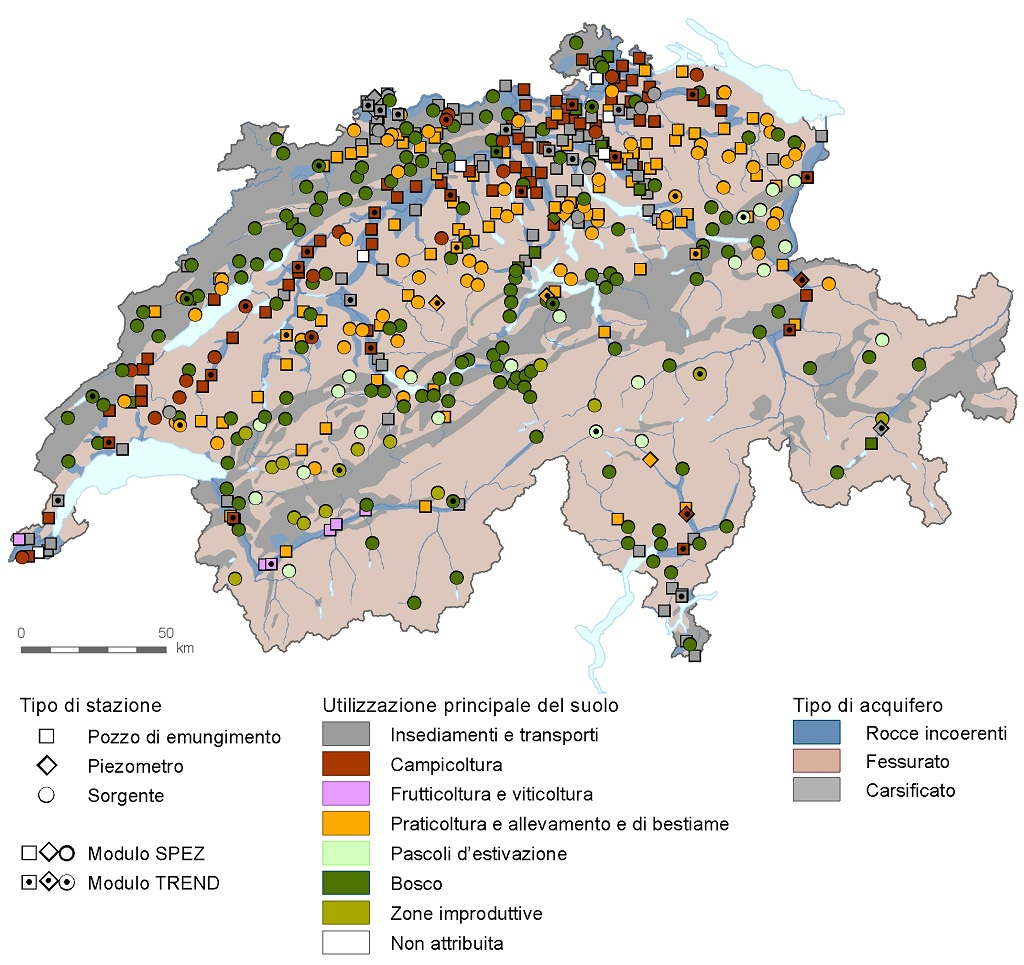 Stazioni di misurazione dei moduli NAQUA SPEZ e TREND per l’osservazione della qualità delle acque sotterranee compresa l’utilizzazione principale del suolo nel bacino imbrifero e per tipo di acquifero. Stato 2015.