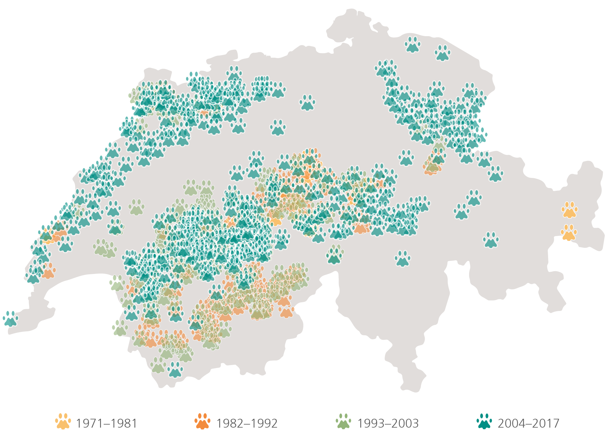 Verbreitungsgebiet des Eurasischen Luchses in der Schweiz 1971-2017.