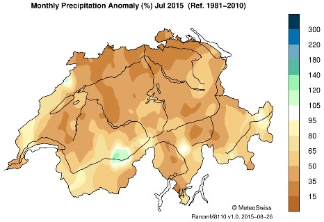 Niederschlagssumme Juli 2015 in Prozent des langjährigen Durchschnitts (Quelle: MeteoSchweiz)
