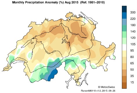 Niederschlagssumme August 2015 in Prozent des langjährigen Durchschnitts (Quelle: MeteoSchweiz)