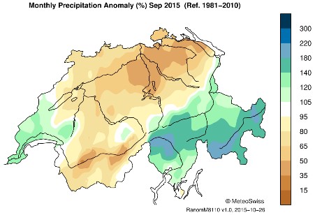 Niederschlagssumme September 2015 in Prozent des langjährigen Durchschnitts (Quelle: MeteoSchweiz)