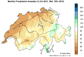 Niederschlagssumme Oktober 2015 in Prozent des langjährigen Durchschnitts (Quelle: MeteoSchweiz)