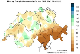 Niederschlagssumme November 2015 in Prozent des langjährigen Durchschnitts (Quelle: MeteoSchweiz)