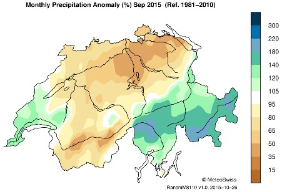 Niederschlagssumme September 2015 in Prozent des langjährigen Durchschnitts (Quelle: MeteoSchweiz)