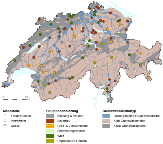 Messstellen des Moduls QUANT zur Beobachtung der Grundwasser-Quantität mit Hauptbodennutzung im Einzugsgebiet sowie Grundwasserleitertyp. (Stand 2019)
