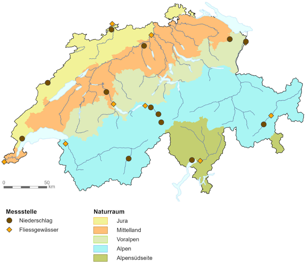 Messstellen des Moduls ISOT zur Beobachtung der Isotope in Niederschlag und Fliessgewässern sowie Naturräume. (Stand 2024)