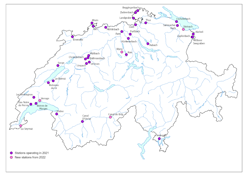 NAWA TREND monitoring stations with studies on micropollutants operating in 2021 (33) and new additional stations set up in 2022 (5).