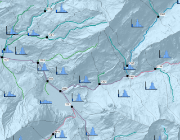 Bassins versants partiels dans la région d'Innertkirchen; types de régime d'écoulement sur les tronçons des effluents, altitude moyenne du bassin versant sur l'exutoire et modélisation, sous la forme de diagrammes à colonnes, de la moyenne des débits annuels et mensuels.