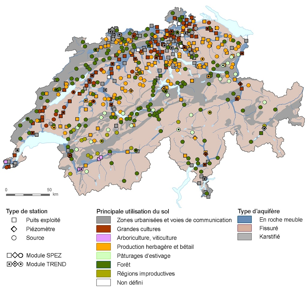Stations de mesure des modules SPEZ et TREND de NAQUA destinées à l’observation de la qualité des eaux souterraines, y compris l’utilisation principale du sol dans le bassin d’alimentation ainsi que le type d’aquifère. État : 2015.