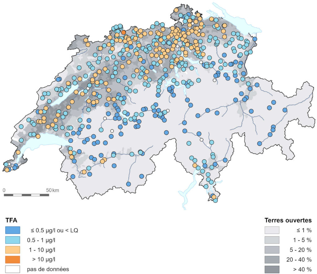 TFA dans les eaux souterraines. Données : NAQUA 2022/2023