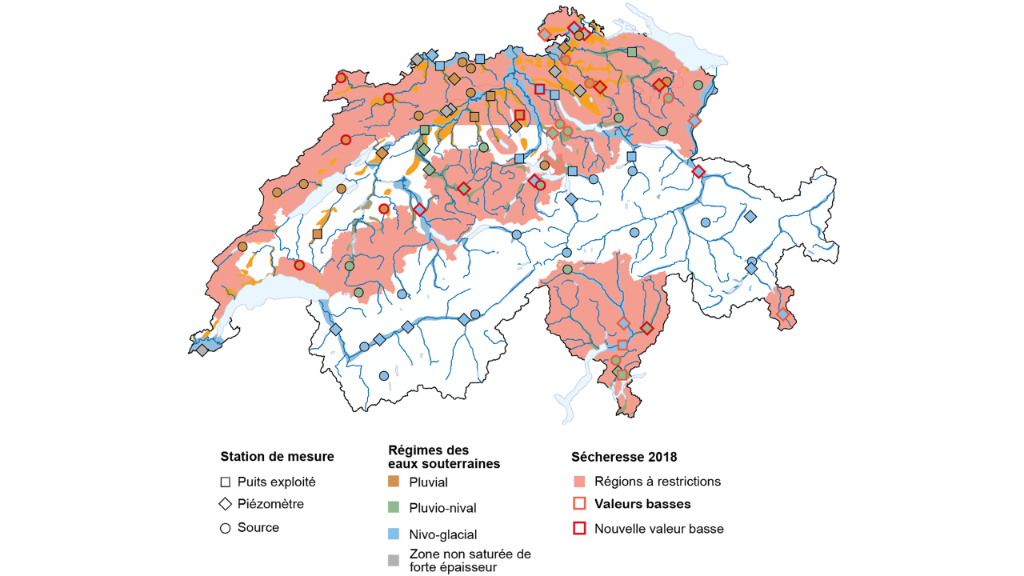 Sécheresse de 2018 – régions soumises à des restrictions liées à la pénurie d’eau en comparaison avec les stations de mesure du module QUANT