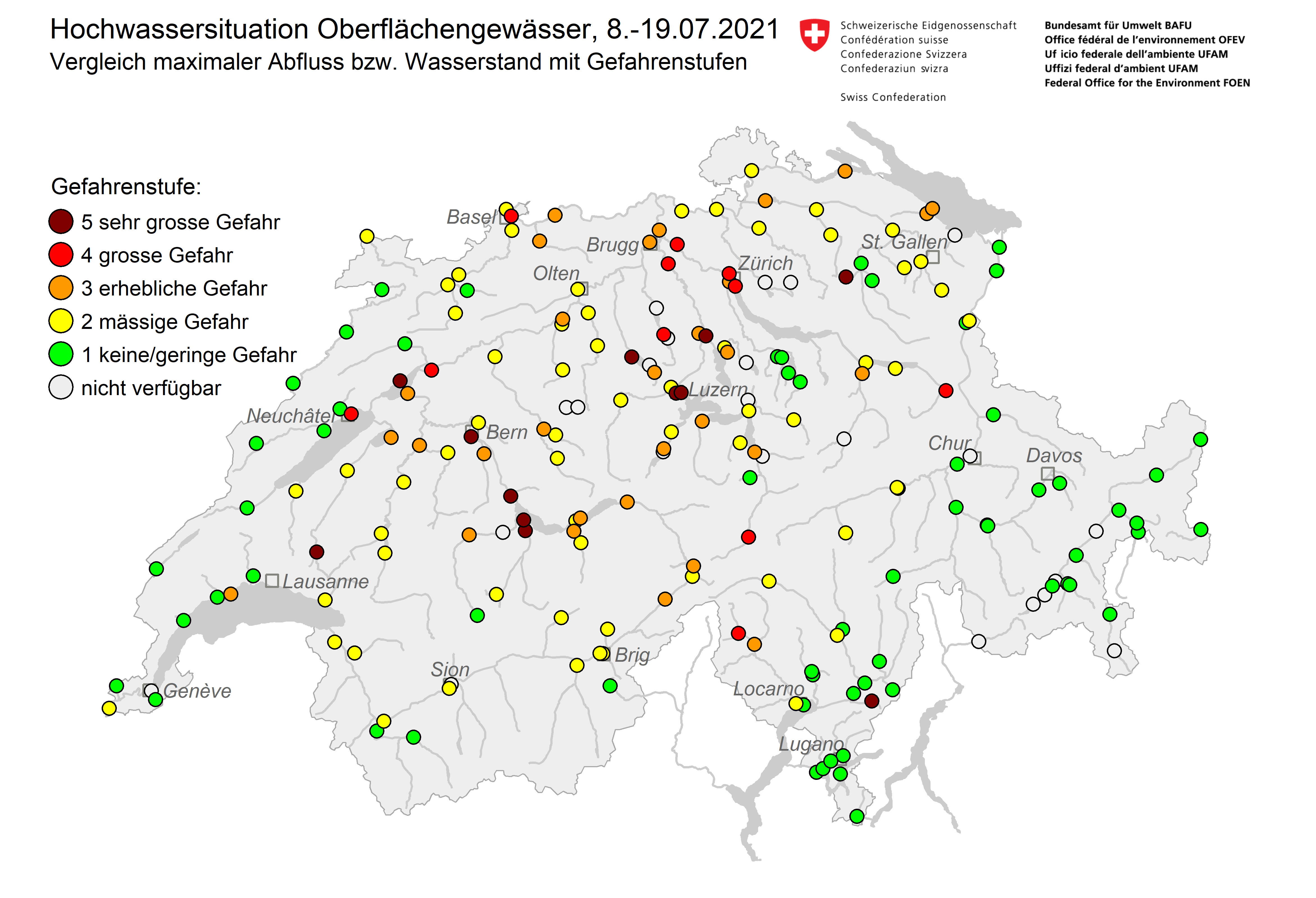 Vergleich der maximalen Abflüsse mit den Gefahrenstufen für Hochwasser