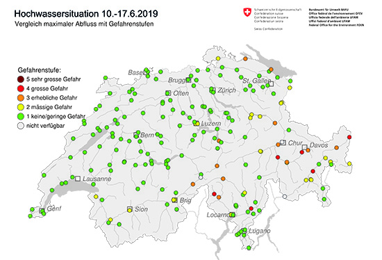 Hochwassersituation Juni 2019 - Vergleich mit Gefahrenstufen