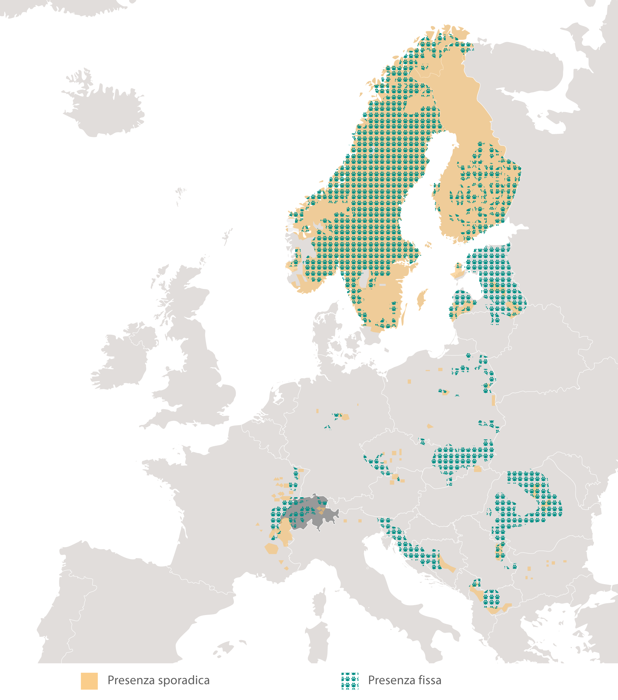 Ripartizione geografica della lince euroasiatica in Europa di 2012/2013. Fonte: Chapron et al. 2014.