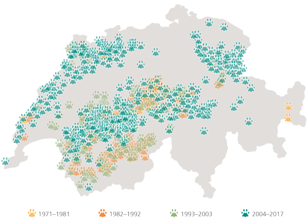 Ripartizione geografica della lince euroasiatica in Svizzera dal 1971 al 2017.
