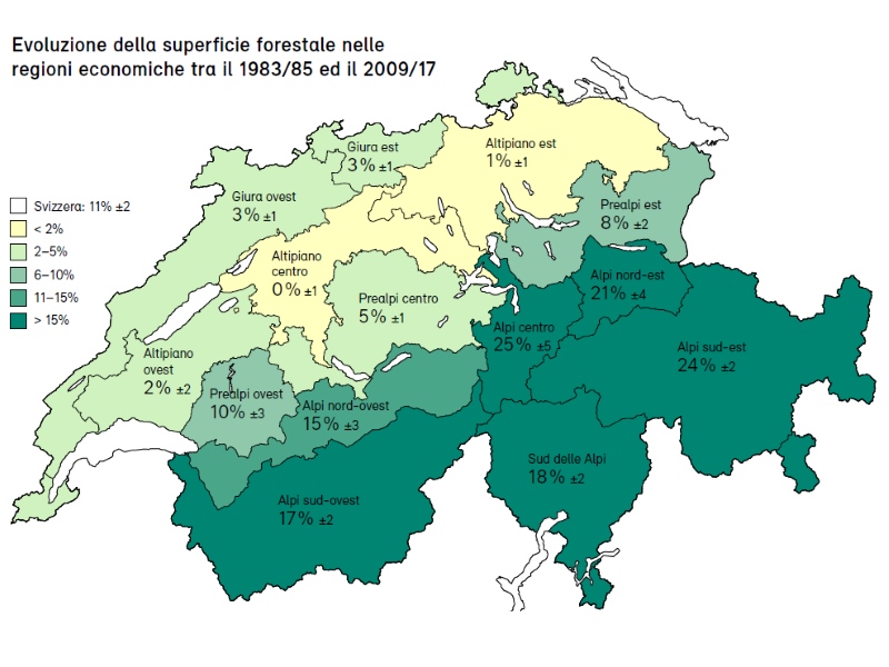 Evoluzione della superficie forestale nelle regioni economiche tra il 1983/85 ed il 2009/17